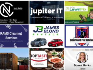 Collage featuring nine Porirua and Wellington businesses including Natty Builds, Jupiter IT, LawnFix Wellington, RAMS Cleaning Services, James Blond Rentals, UrbanShield Pest Solutions, Pātaka Art + Museum, Top Taste Restaurant, and Donna Marks Mortgages.