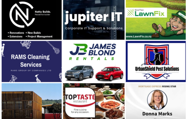 Collage featuring nine Porirua and Wellington businesses including Natty Builds, Jupiter IT, LawnFix Wellington, RAMS Cleaning Services, James Blond Rentals, UrbanShield Pest Solutions, Pātaka Art + Museum, Top Taste Restaurant, and Donna Marks Mortgages.