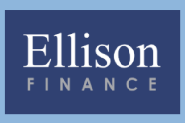 Ellison Finance logo featuring white serif lettering on a dark blue background.