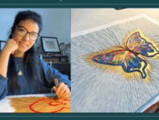 Portrait of Porirua artist Emy Oikawa and one of her colourful clay artworks featured in her solo exhibition at Tbay Cafe in Tītahi Bay.