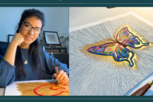 Portrait of Porirua artist Emy Oikawa and one of her colourful clay artworks featured in her solo exhibition at Tbay Cafe in Tītahi Bay.
