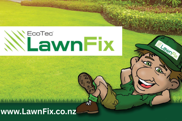 EcoTec LawnFix banner featuring a green lawn, company logo, website URL, and a cartoon character relaxing on the grass wearing a LawnFix cap.