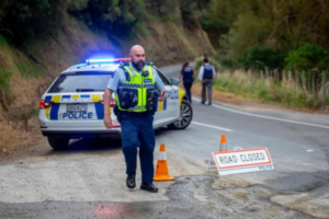 A police officer stands beside a patrol car with flashing lights on a narrow rural road, with cones and a “Road Closed” sign blocking access while other responders work in the background.