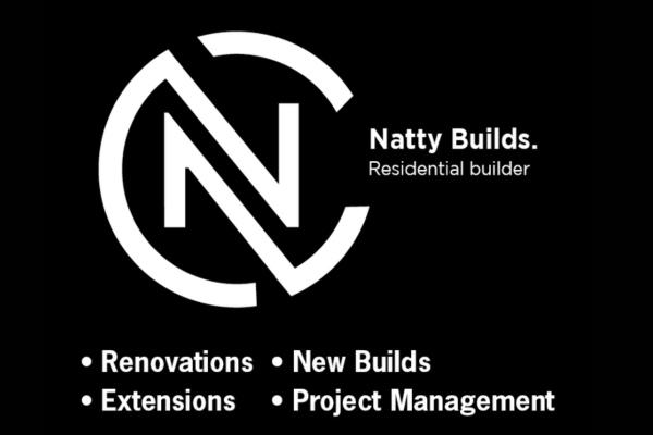 Natty Builds logo on a black background with services listed including renovations, new builds, extensions, and project management.