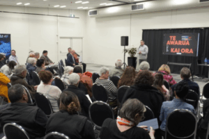 People attending the launch of the Te Awarua – Kai Ora digital tool at Pātaka Art + Museum