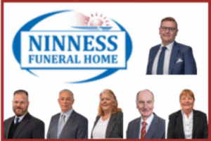 Promotional image for Ninness Funeral Home featuring the company logo and a group of six professionally dressed staff members posed against a light background.
