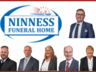 Promotional image for Ninness Funeral Home featuring the company logo and a group of six professionally dressed staff members posed against a light background.