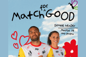 Promotional graphic for the Wellington Phoenix “Match For Good” double-header on March 14 at Sky Stadium, featuring two Phoenix players in white jerseys covered with children’s heart drawings and colourful doodles around the text.