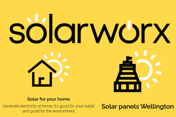Solarworx promotional graphic on a yellow background featuring the Solarworx logo, home and building icons with sun symbols, and text about solar panels in Wellington.
