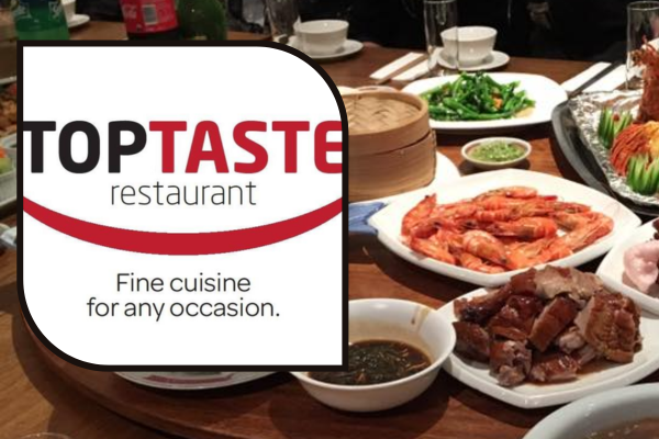 Top Taste Restaurant Porirua logo over a table of Chinese dishes including prawns, roast pork, greens, dumplings, and dipping sauces.