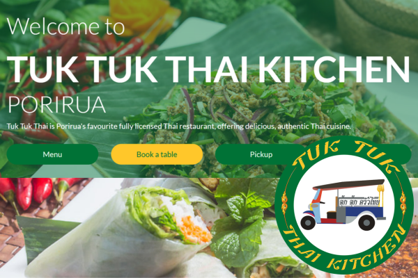 Homepage banner for Tuk Tuk Thai Kitchen Porirua showing fresh Thai dishes, menu buttons, and the restaurant’s tuk tuk logo.