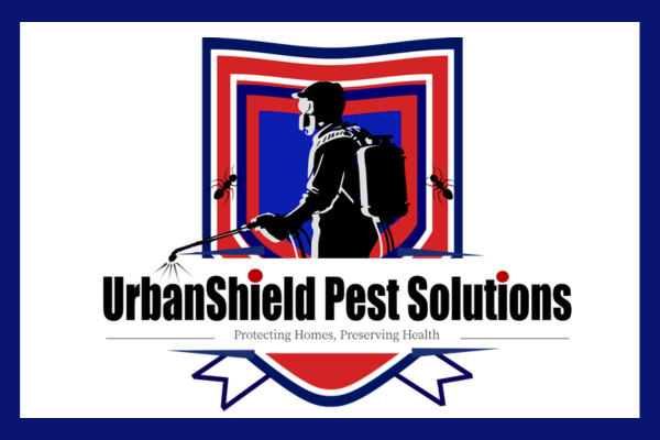 UrbanShield Pest Solutions logo featuring a pest control technician with a sprayer, set against a shield design with red, white, and blue colours, and insects on either side.