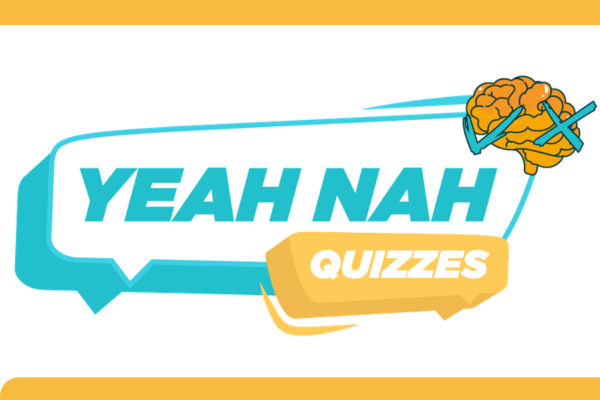 Yeah Nah Quizzes logo featuring teal and yellow speech bubbles with the words “Yeah Nah” and “Quizzes,” alongside a stylised brain graphic.