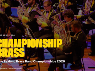 Brass musicians perform on stage with large brass instruments, overlaid with bold yellow text promoting the New Zealand Brass Band Championships 2026.