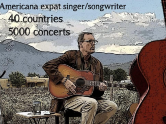 Brett Perkins sits outdoors playing an acoustic guitar, with mountains in the background and text highlighting his international touring career.