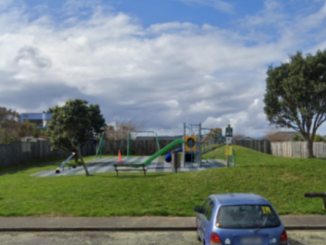 A small neighbourhood playground with a slide, swings and climbing frame sits on a grassy hill, with a parked car visible in the foreground.