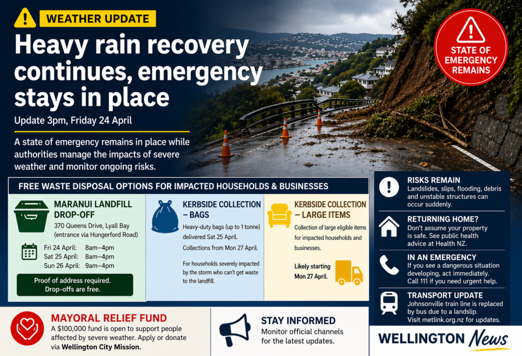 Infographic showing Wellington landslip damage and key recovery information, including emergency status, waste disposal options and safety warnings.