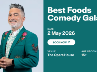 A promotional graphic shows comedian Dai Henwood in a green embroidered suit beside text advertising the Best Foods Comedy Gala on May 2, 2026 at The Opera House.