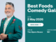A promotional graphic shows comedian Dai Henwood in a green embroidered suit beside text advertising the Best Foods Comedy Gala on May 2, 2026 at The Opera House.