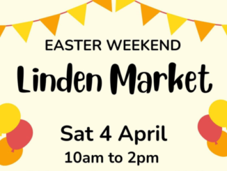 Poster for Linden Market on Easter weekend showing date and time details with festive bunting and balloons.