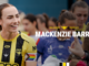 Mackenzie Barry smiles in a Wellington Phoenix kit while standing among teammates, with a club graphic announcing her re-signing overlaid on the image.