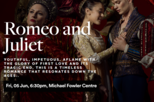 Promotional image for Romeo and Juliet showing actors in period costume embracing, with text describing the timeless love story.