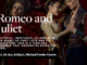 Promotional image for Romeo and Juliet showing actors in period costume embracing, with text describing the timeless love story.