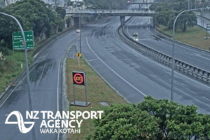 NZ Transport Agency Waka Kotahi logo overlaid on an image of a road bordered by greenery.