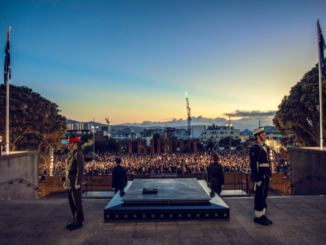 Uniformed service personnel stand guard beside a cenotaph at dawn, overlooking a large crowd gathered for an Anzac Day service in Wellington.