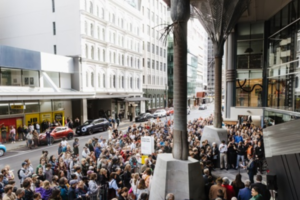 Crowds gather outside Te Matapihi ki te Ao Nui during its reopening weekend in central Wellington