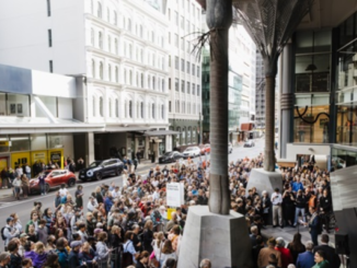Crowds gather outside Te Matapihi ki te Ao Nui during its reopening weekend in central Wellington