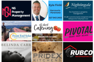Collage of nine Porirua News Business Directory members featuring logos and images for NG Property Management, Kyle Finiki Harcourts Paremata, Nightingale Property Management, Front End Solar, All About Catering, Pivotal Print, Belinda Carr Photography, Pridex Kitchens, and Rubco Waterproofing.