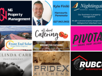 Collage of nine Porirua News Business Directory members featuring logos and images for NG Property Management, Kyle Finiki Harcourts Paremata, Nightingale Property Management, Front End Solar, All About Catering, Pivotal Print, Belinda Carr Photography, Pridex Kitchens, and Rubco Waterproofing.
