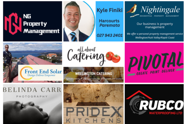 Collage of nine Porirua News Business Directory members featuring logos and images for NG Property Management, Kyle Finiki Harcourts Paremata, Nightingale Property Management, Front End Solar, All About Catering, Pivotal Print, Belinda Carr Photography, Pridex Kitchens, and Rubco Waterproofing.