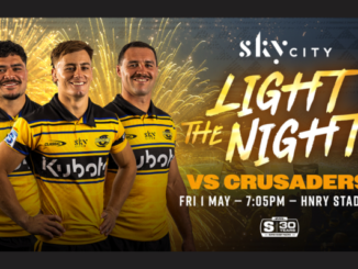 Promotional graphic for the Hurricanes’ “Light the Night” match against the Crusaders at Hnry Stadium on Friday, May 1 at 7.05pm, featuring three Hurricanes players in yellow jerseys standing in front of fireworks, with event branding and match details.