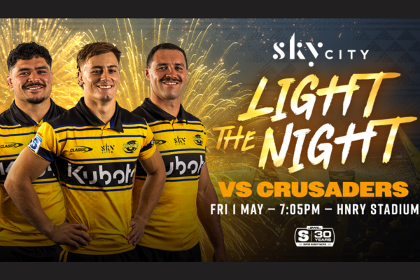 Promotional graphic for the Hurricanes’ “Light the Night” match against the Crusaders at Hnry Stadium on Friday, May 1 at 7.05pm, featuring three Hurricanes players in yellow jerseys standing in front of fireworks, with event branding and match details.
