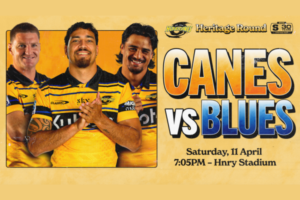 Promotional graphic for a rugby match showing Hurricanes players in yellow jerseys alongside bold text reading “Canes vs Blues” with match details.