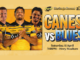 Promotional graphic for a rugby match showing Hurricanes players in yellow jerseys alongside bold text reading “Canes vs Blues” with match details.
