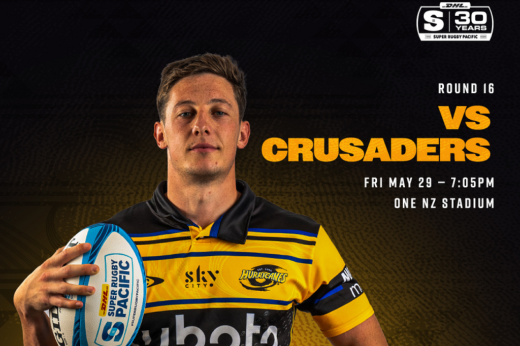 Hurricanes player Cam Roigard holds a rugby ball in a match graphic promoting the round 16 Super Rugby Pacific clash against the Crusaders at One NZ Stadium on Friday, May 29.