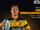 Hurricanes player Cam Roigard holds a rugby ball in a match graphic promoting the round 16 Super Rugby Pacific clash against the Crusaders at One NZ Stadium on Friday, May 29.