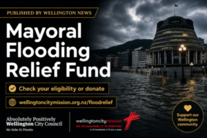 Promotional poster for Wellington’s mayoral flood relief fund, featuring an image of flooding around central city buildings and a call to donate.