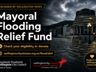 Promotional poster for Wellington’s mayoral flood relief fund, featuring an image of flooding around central city buildings and a call to donate.