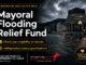 Promotional poster for Wellington’s mayoral flood relief fund, featuring an image of flooding around central city buildings and a call to donate.