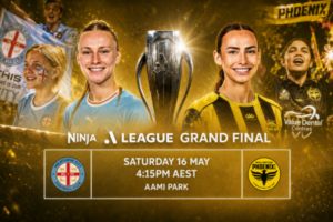 Promotional graphic for the Ninja A-League Grand Final between Melbourne City and Wellington Phoenix at AAMI Park on Saturday, May 16. The image features players from both teams standing beside the championship trophy against a gold background, with club logos and match details displayed at the bottom.