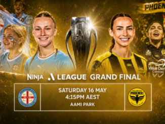 Promotional graphic for the Ninja A-League Grand Final between Melbourne City and Wellington Phoenix at AAMI Park on Saturday, May 16. The image features players from both teams standing beside the championship trophy against a gold background, with club logos and match details displayed at the bottom.