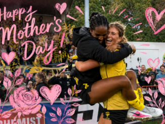 Wellington Phoenix Women players celebrate on the field at Porirua Park after their historic A-League Women semi-final victory on Mother’s Day, surrounded by pink heart and floral artwork overlays.