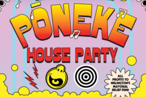 Poster for Pōneke House Party fundraiser featuring bold orange and yellow lettering on a purple background, with musical notes, graphic icons and a badge reading “All profits to Wellington’s Mayoral Relief Fund