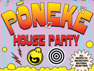 Poster for Pōneke House Party fundraiser featuring bold orange and yellow lettering on a purple background, with musical notes, graphic icons and a badge reading “All profits to Wellington’s Mayoral Relief Fund