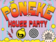 Poster for Pōneke House Party fundraiser featuring bold orange and yellow lettering on a purple background, with musical notes, graphic icons and a badge reading “All profits to Wellington’s Mayoral Relief Fund