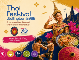 Promotional poster for Thai Festival Wellington 2026 celebrating 70 years of friendship between Thailand and New Zealand. The poster features a woman in traditional Thai dress dancing, Muay Thai fighters, Thai food, flowers, and Wellington-inspired graphics. Event details include Saturday 16 May, 10am to 5pm, with free entry.